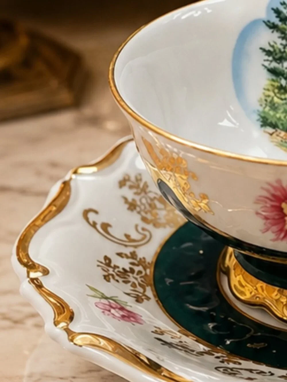 Vintage Bavaria Demitasse Emerald and Gold Hand Painted Teacup and Saucer Set